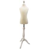 Children Kids Age 6-8 Tailors Dummy Mannequin, Cream Torso Bust with a White Wood Tripod Stand for crafting and display.